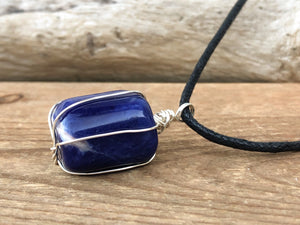 Wire Wrapped Sodalite Pendant Necklace - Throat Chakra Stone Necklace