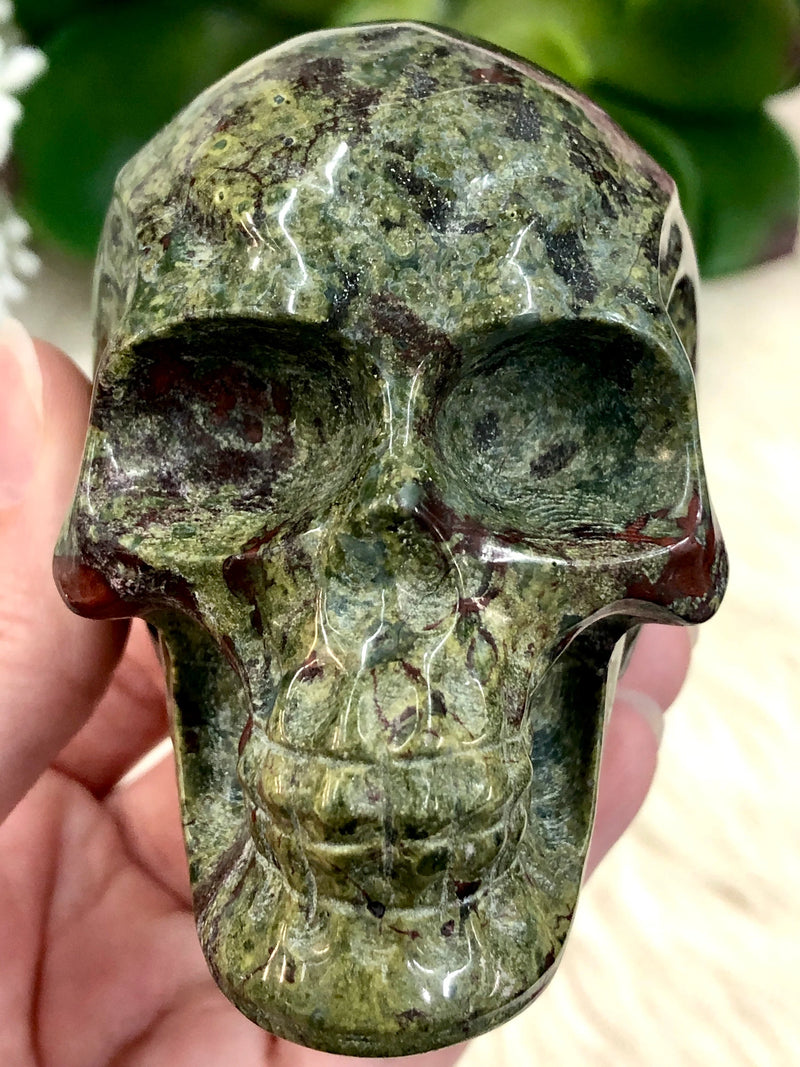 Large Dragon Blood Jasper Skull Carving 86mm AET