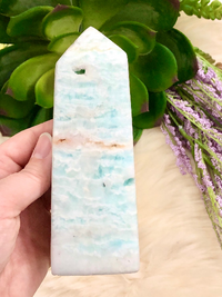 Blue Aragonite Crystal Obelisk 126mm LH -  Throat & Heart Chakra Stone