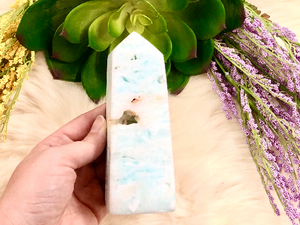 Blue Aragonite Crystal Obelisk 126mm LH -  Throat & Heart Chakra Stone