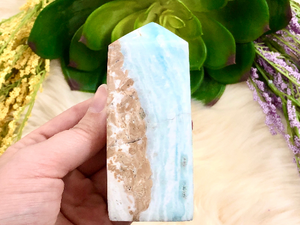 Blue Aragonite Crystal Obelisk 91mm LJ-  Throat & Heart Chakra Stone
