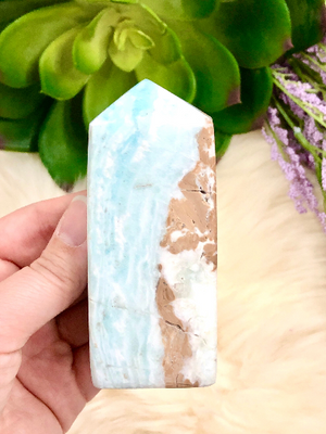 Blue Aragonite Crystal Obelisk 91mm LJ-  Throat & Heart Chakra Stone