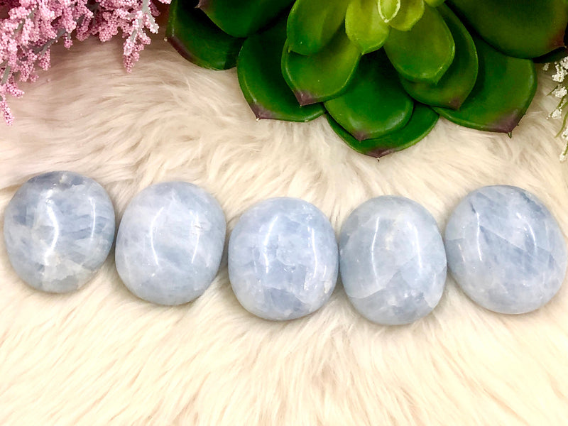 Blue Calcite Palmstones - Anxiety Crystal - Throat Chakra Stone