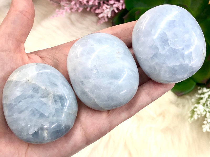 Blue Calcite Palmstones - Anxiety Crystal - Throat Chakra Stone