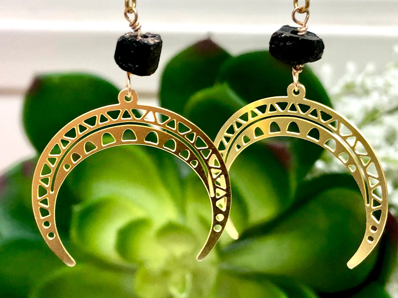 Raw Black Tourmaline and Brass Crescent Moon Earrings - October Birthstone