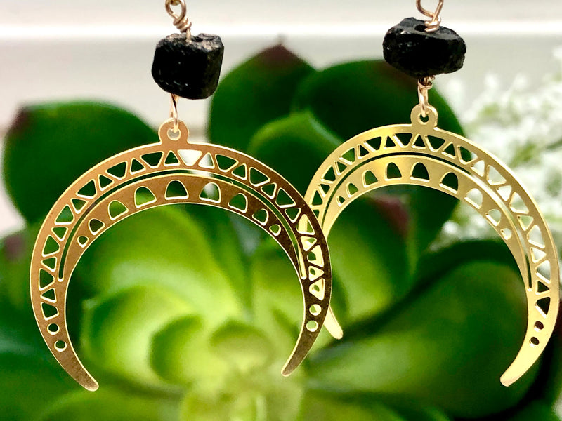 Raw Black Tourmaline and Brass Crescent Moon Earrings - October Birthstone
