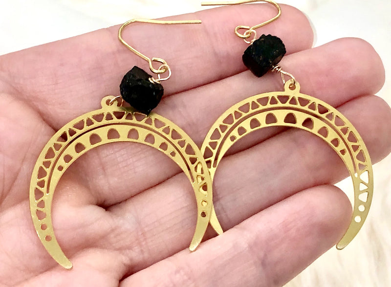 Raw Black Tourmaline and Brass Crescent Moon Earrings - October Birthstone