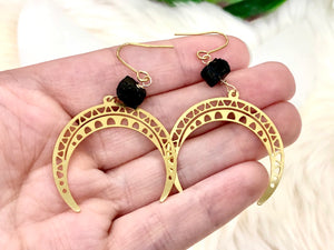 Raw Black Tourmaline and Brass Crescent Moon Earrings - October Birthstone