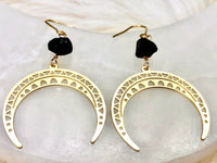 Raw Black Tourmaline and Brass Crescent Moon Earrings - October Birthstone