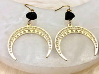 Raw Black Tourmaline and Brass Crescent Moon Earrings - October Birthstone