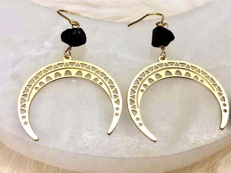 Raw Black Tourmaline and Brass Crescent Moon Earrings - October Birthstone