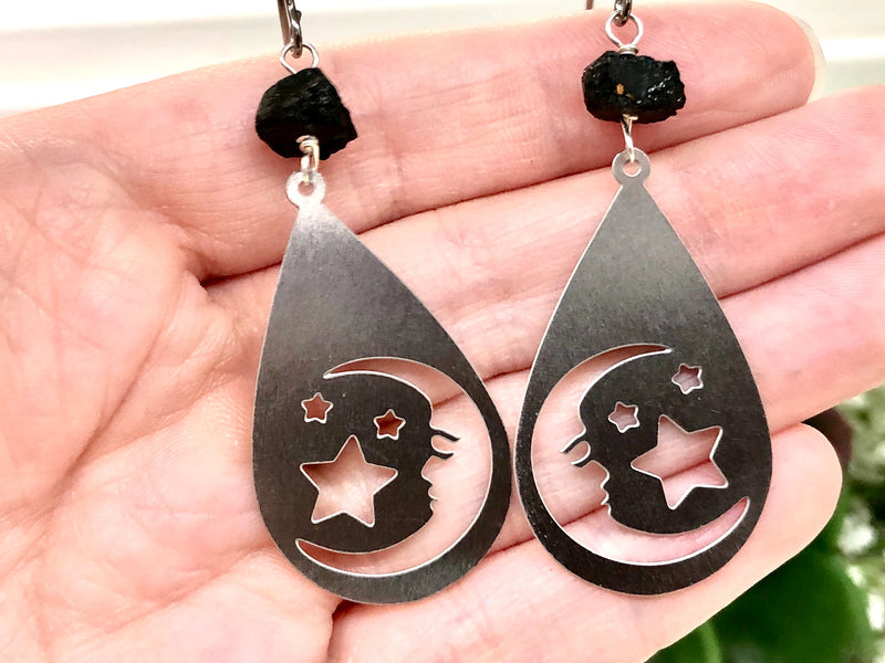 Raw Black Tourmaline and Stainless Steel Moon Earrings - October Birthstone