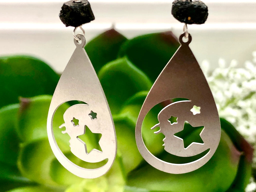 Raw Black Tourmaline and Stainless Steel Moon Earrings - October Birthstone