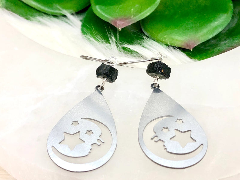 Raw Black Tourmaline and Stainless Steel Moon Earrings - October Birthstone