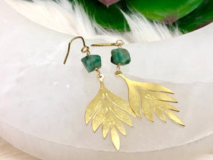Raw Emerald and Leaf Crystal Earrings - May Birthstone