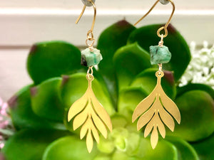 Raw Emerald and Leaf Crystal Earrings - May Birthstone