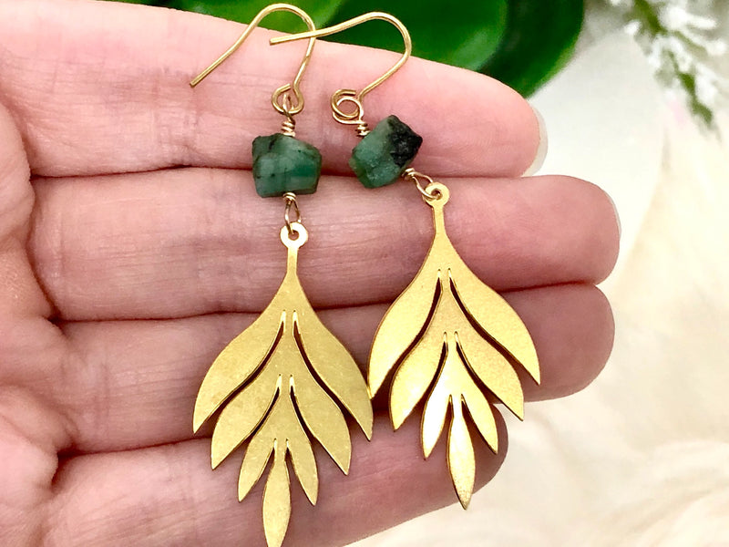 Raw Emerald and Leaf Crystal Earrings - May Birthstone