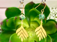 Raw Emerald and Leaf Crystal Earrings - May Birthstone