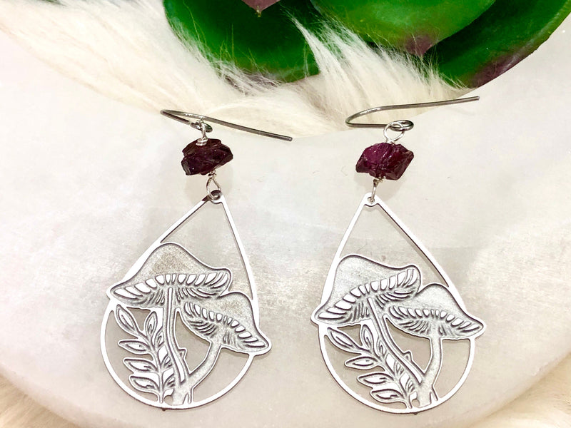 Raw Garnet & Stainless Steel Mushroom Earrings - January Birthstone