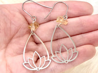 Raw Citrine & Stainless Steel Lotus Earrings - November Birthstone