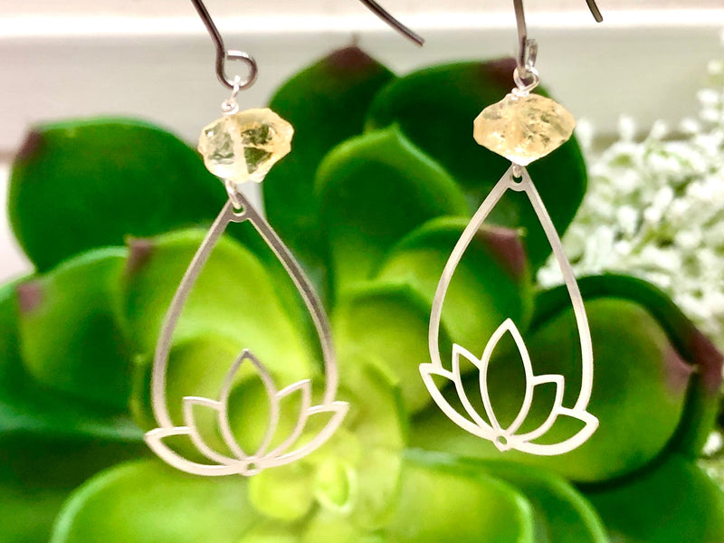 Raw Citrine & Stainless Steel Lotus Earrings - November Birthstone