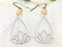 Raw Citrine & Stainless Steel Lotus Earrings - November Birthstone