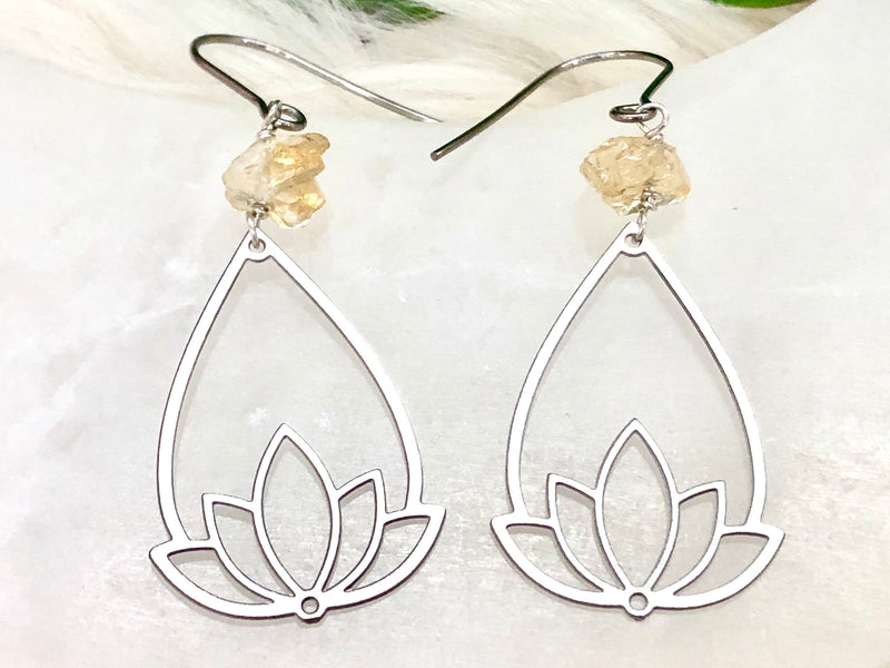 Raw Citrine & Stainless Steel Lotus Earrings - November Birthstone