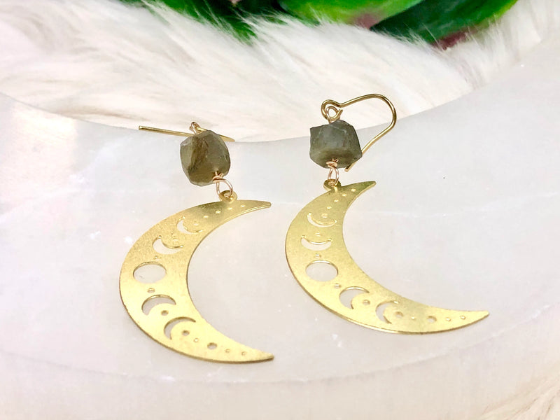 Raw Labradorite and Moon Brass Crystal Earrings