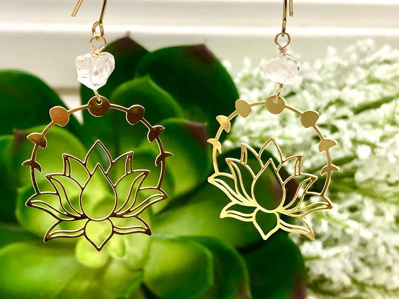 Raw Quartz & Brass Lotus Earrings - April Birthstone