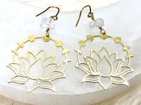 Raw Quartz & Brass Lotus Earrings - April Birthstone