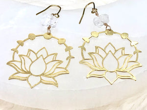 Raw Quartz & Brass Lotus Earrings - April Birthstone
