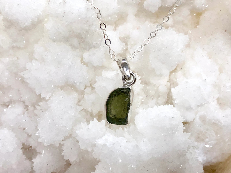 Genuine Moldavite Pendant Necklace in Sterling Silver - Crown & Heart Chakra Jewelry - Stone of Transformation - Tektite Jewelry