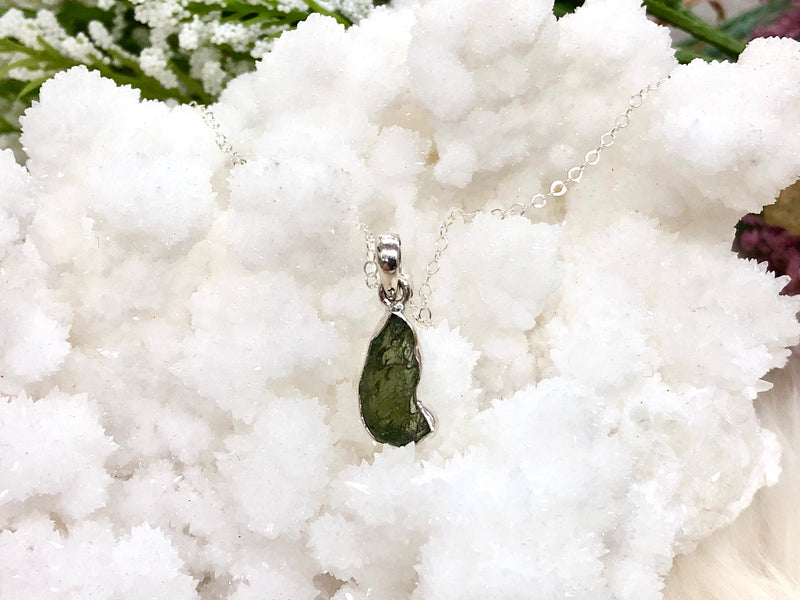 Genuine Moldavite Pendant Necklace in Sterling Silver - Crown & Heart Chakra Jewelry - Stone of Transformation - Tektite Jewelry