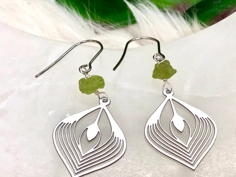 Raw Peridot and Stainless Steel Earrings - August Birthstone