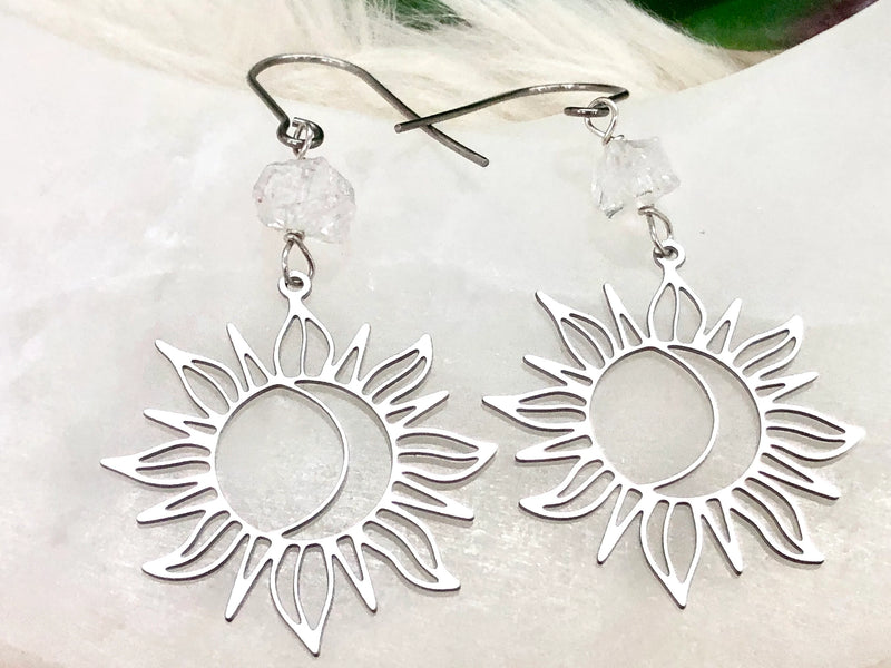 Raw Quartz & Stainless Steel Sun Earrings - April Birthstone