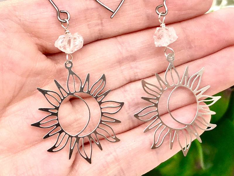 Raw Quartz & Stainless Steel Sun Earrings - April Birthstone