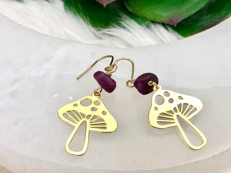 Raw Ruby and Mushroom Crystal Earrings - July Birthstone