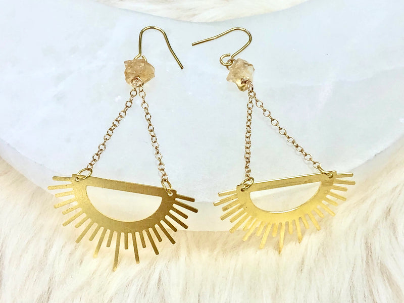 Raw Citrine & Brass Dangle Sun Earrings - November Birthstone