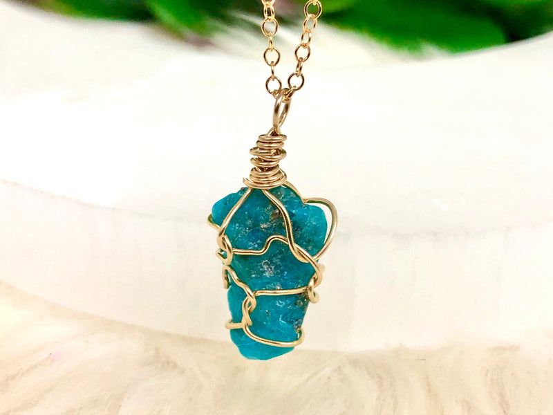 Genuine Raw Turquoise 14K Yellow Goldfill Wire-Wrapped Necklace - Sagittarius & December Birthstone