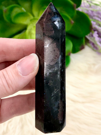 Garnet in Arfvedsonite Tower 88mm TJ - Throat & Root Chakra Stone