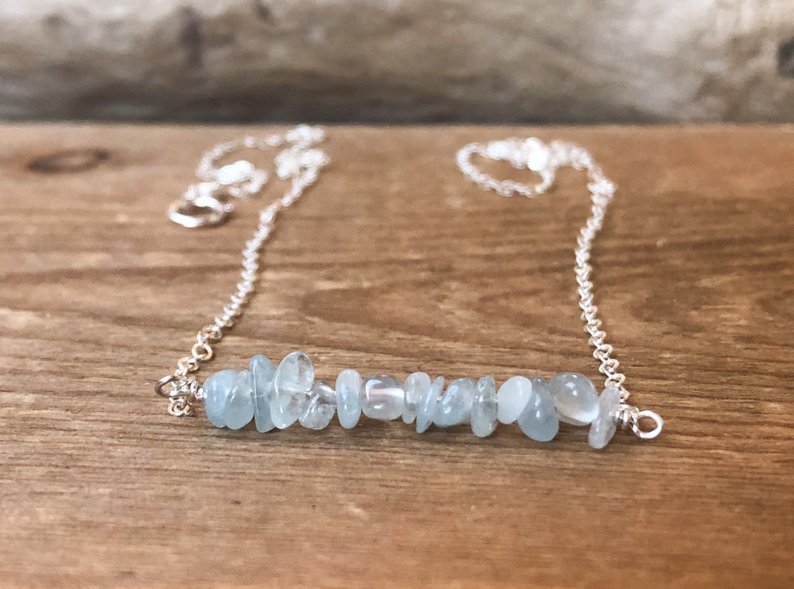 Aquamarine March Birthstone Bar Necklace