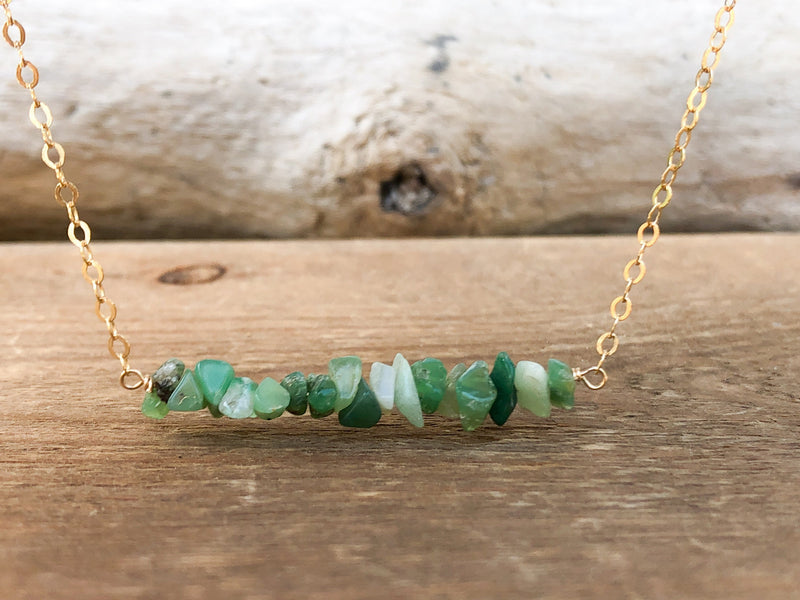 Raw Chrysoprase Necklace - Raw Stone Necklace - Chrysoprase Jewelry in Silver, Gold or Rose Gold - Chrysoprase Bar Necklace - Gift for Her