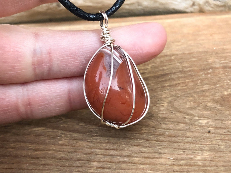 Wire Wrapped Carnelian Crystal Pendant Necklace