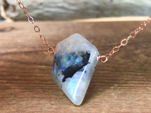 Raw Rainbow Moonstone Necklace - June Birthstone Necklace - June Birthday Gift for Her -  Healing Crystal Necklace - Raw Stone Necklace