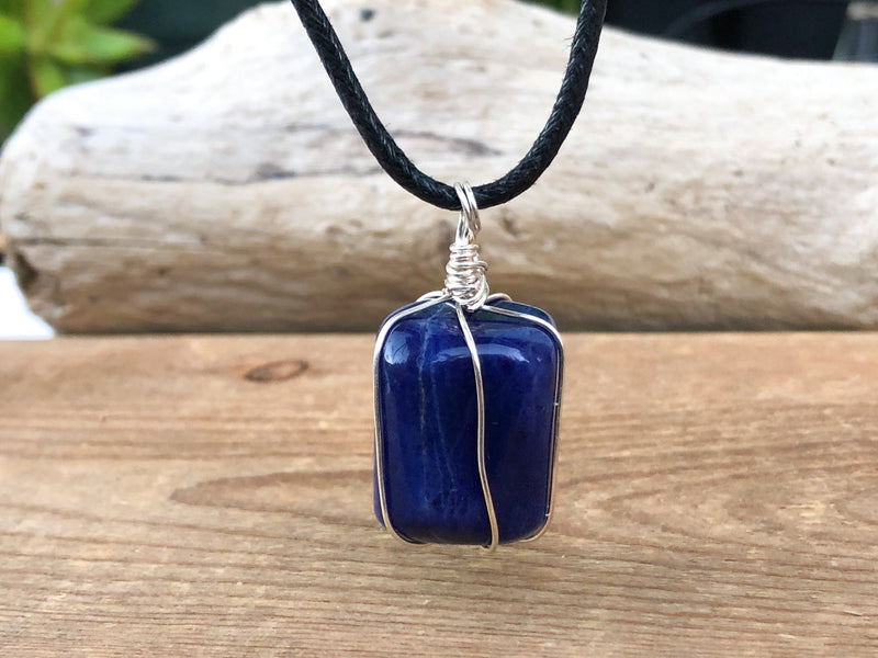 Wire Wrapped Sodalite Pendant Necklace - Throat Chakra Stone Necklace