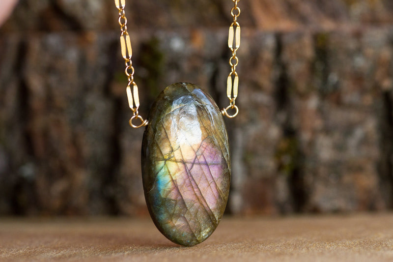 Large Labradorite Pendant Necklace in Gold