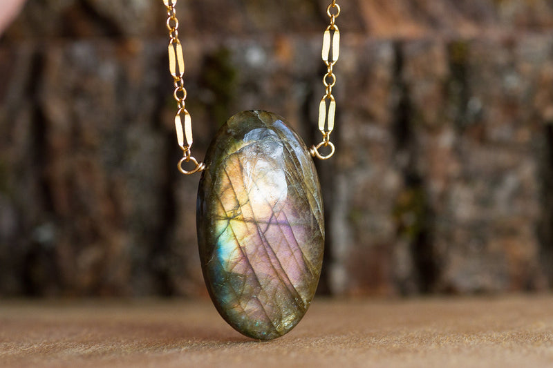 Large Labradorite Pendant Necklace in Gold