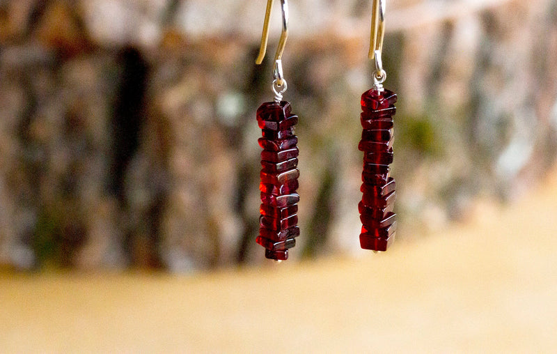 Raw Garnet Earrings - January Birthstone Drop Earrings - Capricorn Zodiac