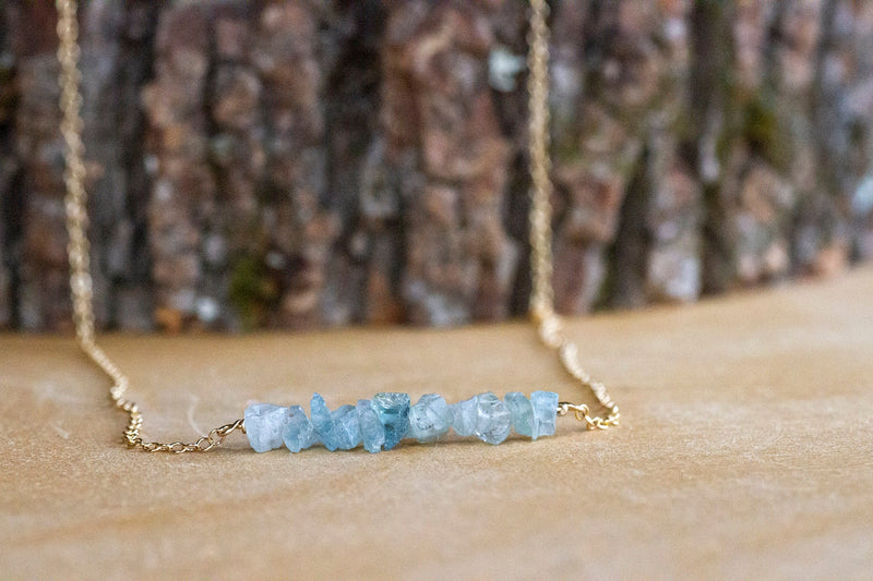 Raw Aquamarine Bar Necklace - March Birthstone Jewelry for Pisces