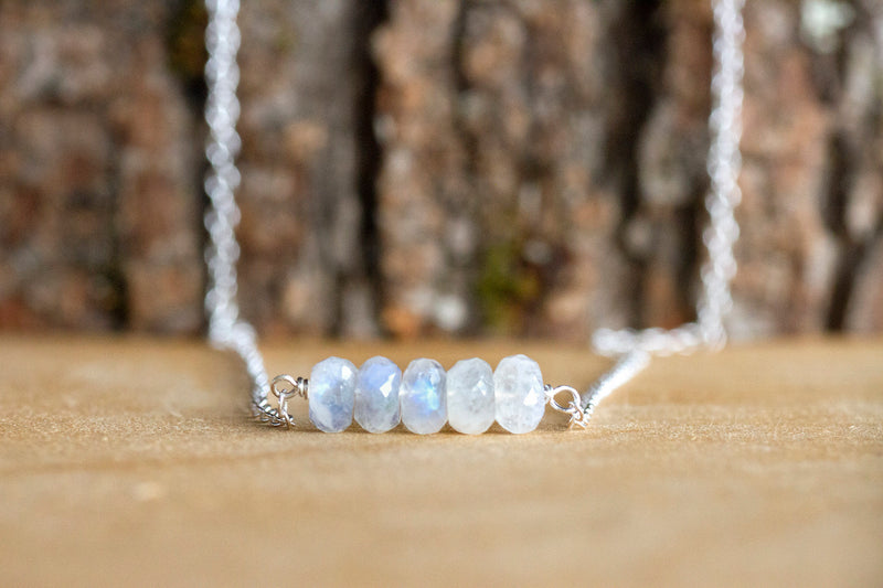 Rainbow Moonstone Bar Necklace - June Birthstone - Gemini Zodiac - Crown Chakra